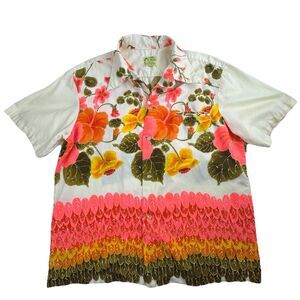 Vintage Ui Maikai Hawaiian Shirt Mens L Bright Hibiscus Floral Cotton Aloha Tiki